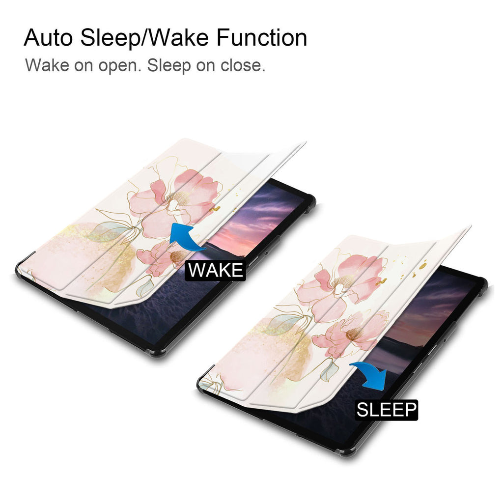 It automatically wakes your iPad when opened and sends it to sleep when closed with Abstract design