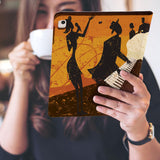a girl is holding and viewing personalized iPad folio case with Music design