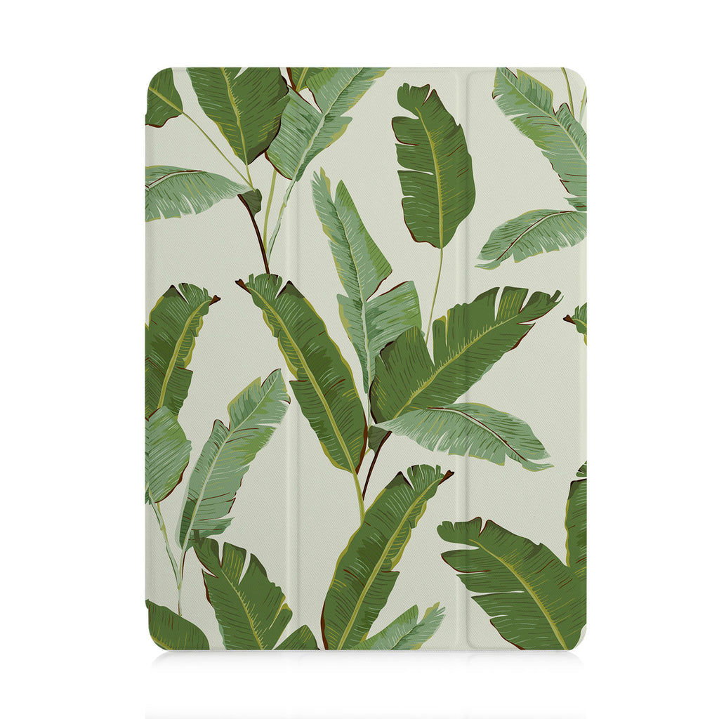 front and back view of personalized iPad case with pencil holder and Green Leaves design
