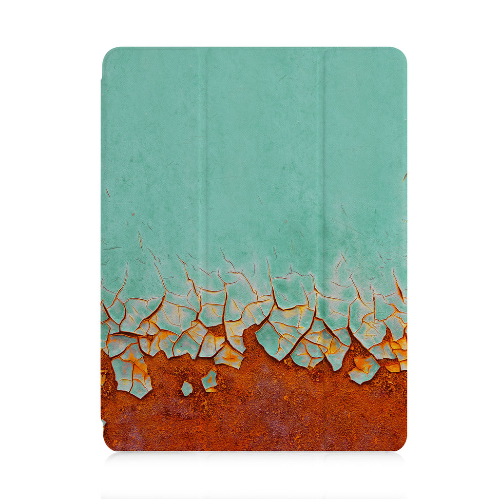 front and back view of personalized iPad case with pencil holder and Rusted Metal design