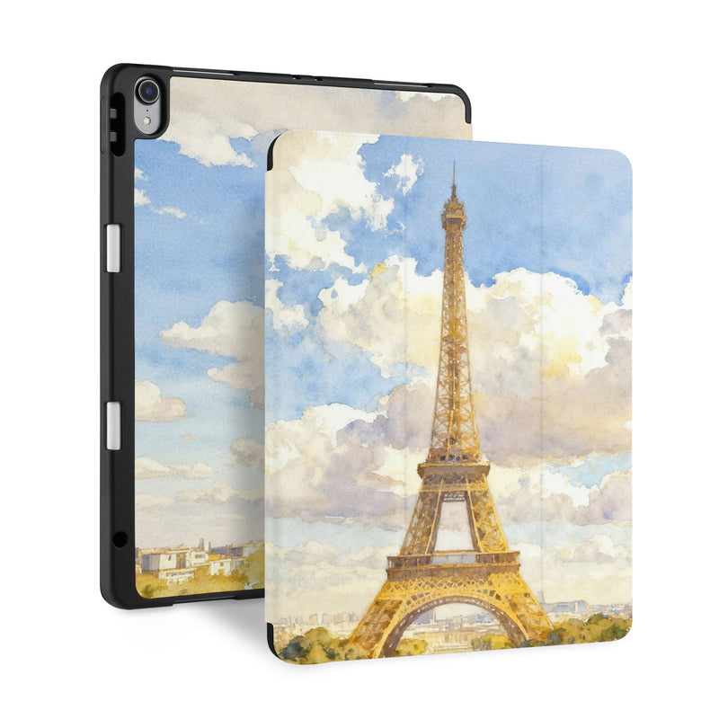 front and back view of personalized iPad case with pencil holder and France  Famous Attractions design