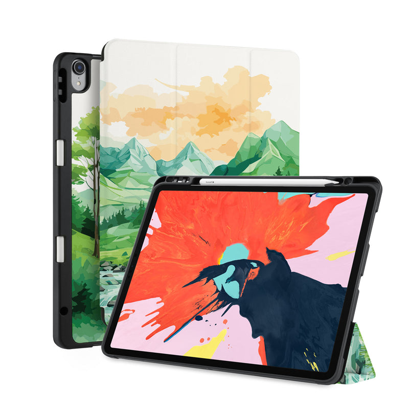 front back and stand view of personalized iPad case with pencil holder and Landscape design - swap