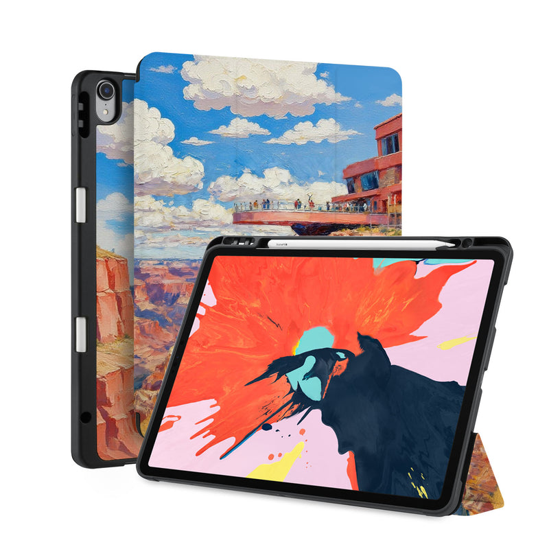 front back and stand view of personalized iPad case with pencil holder and US Famous Attractions design - swap